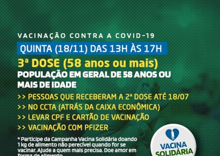 Covid-19: São Gabriel do Oeste inicia nesta quinta (18) vacinação de reforço com a terceira dose para adultos de 58 anos ou mais
