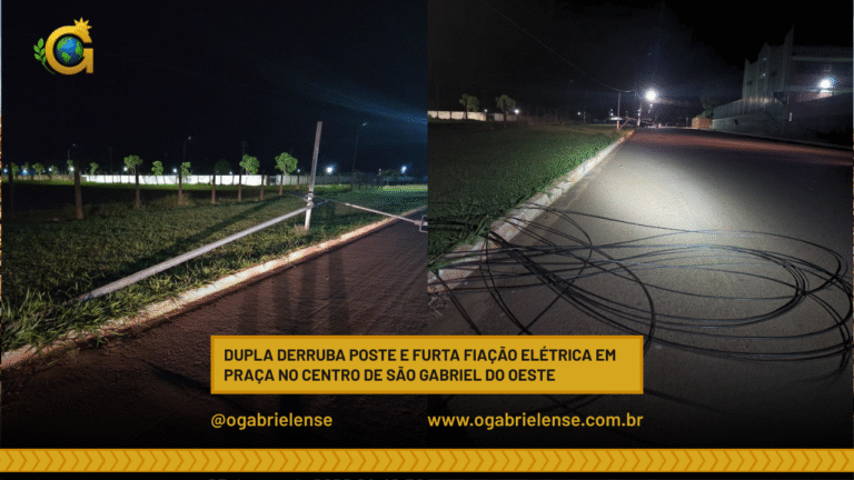 Dupla derruba poste e furta fiação elétrica em praça no centro de São Gabriel do Oeste