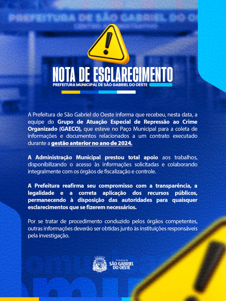 GAECO realiza diligência na Prefeitura de São Gabriel do Oeste sobre contrato de 2024