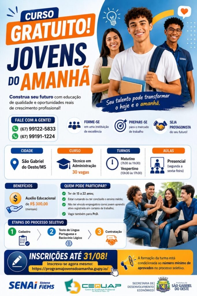 Prefeitura e SENAI abrem inscrições para curso técnico gratuito com bolsa de R$ 300 para jovens de São Gabriel do Oeste