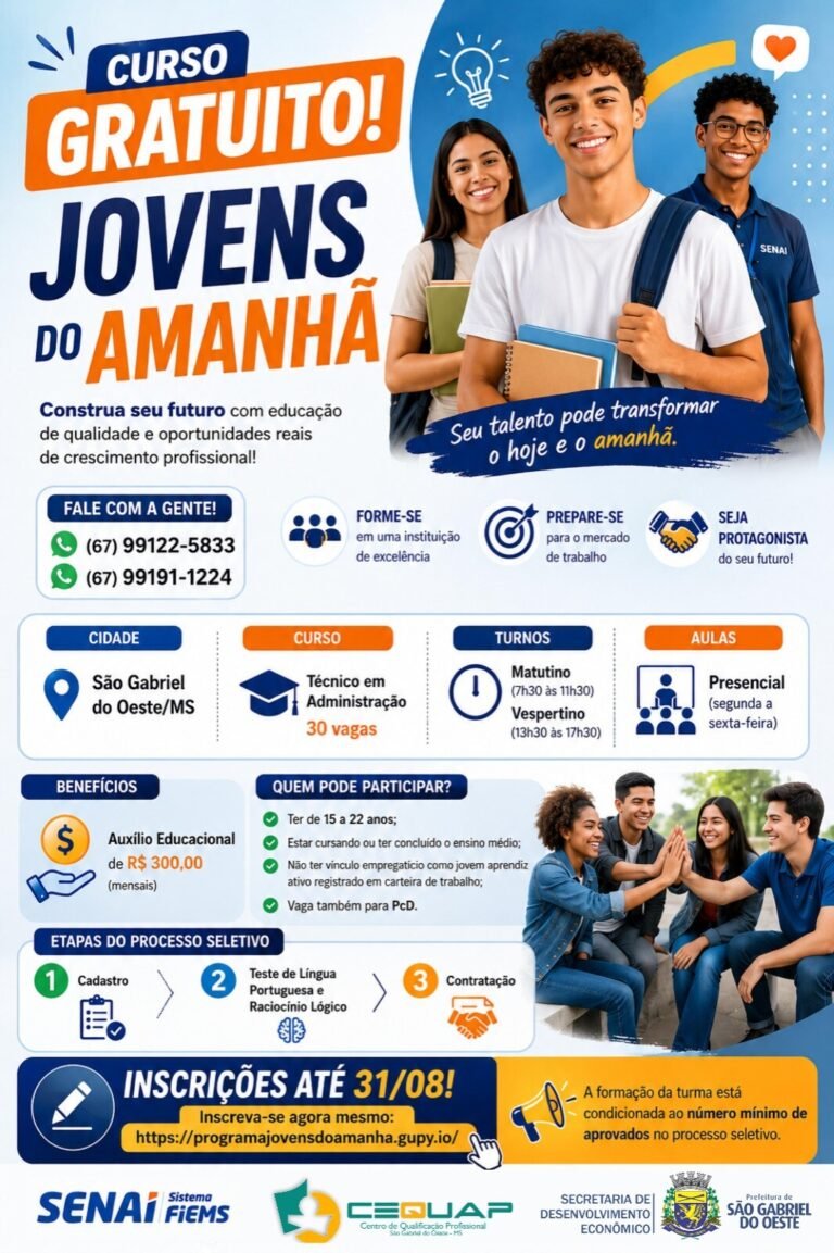 Prefeitura e SENAI abrem inscrições para curso técnico gratuito com bolsa de R$ 300 para jovens de São Gabriel do Oeste
