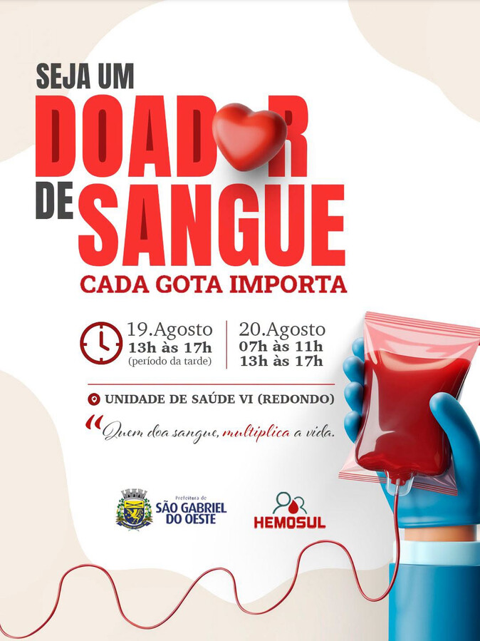 São Gabriel do Oeste realiza campanha de doação de sangue nos dias 19 e 20 de agosto