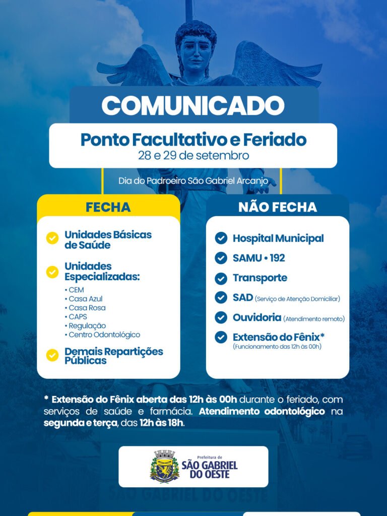Prefeitura de São Gabriel informa funcionamento dos serviços públicos durante ponto facultativo e feriado municipal